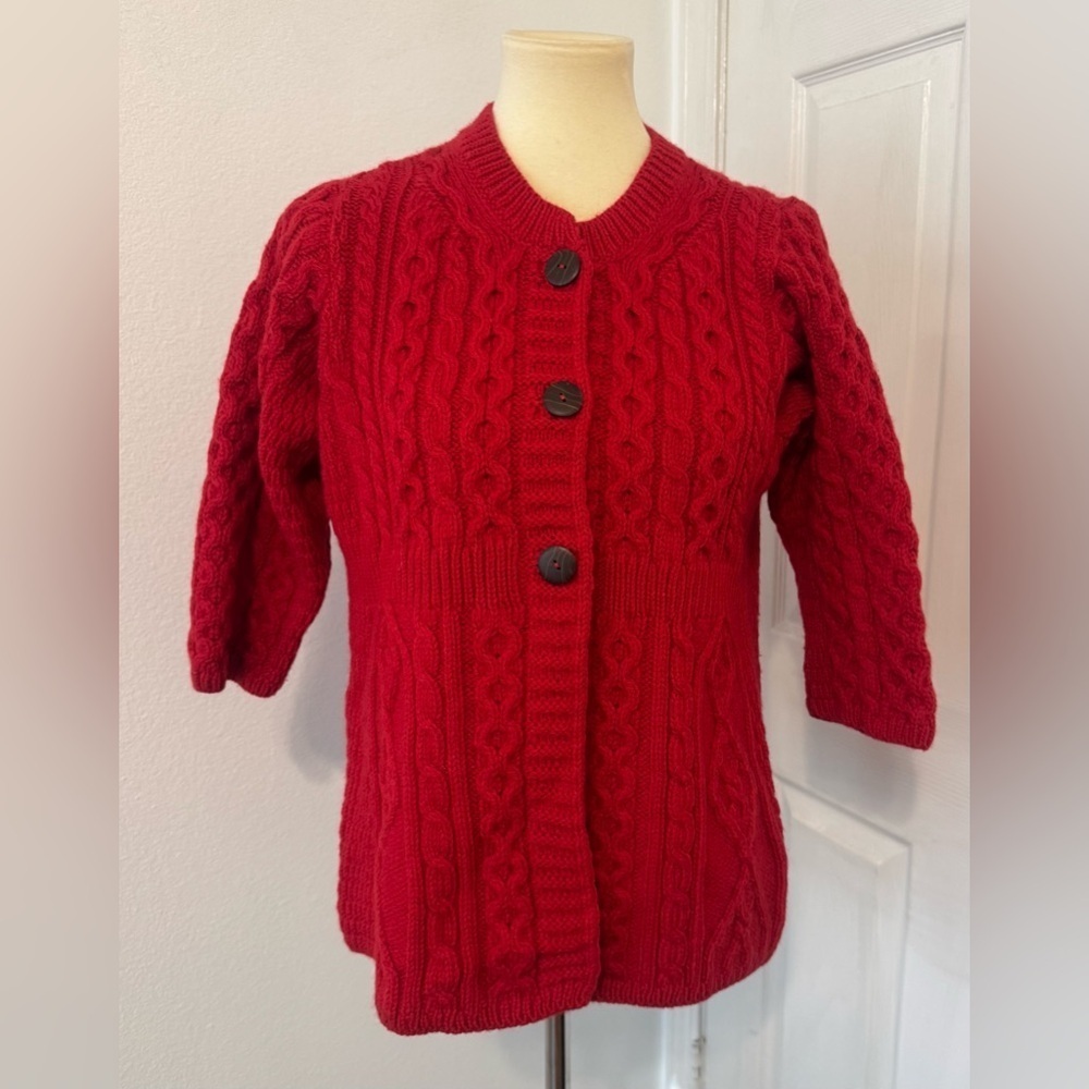 Kilronan Knitwear Red Merino Wool Cable Sweater Made in Ireland Chunky Small